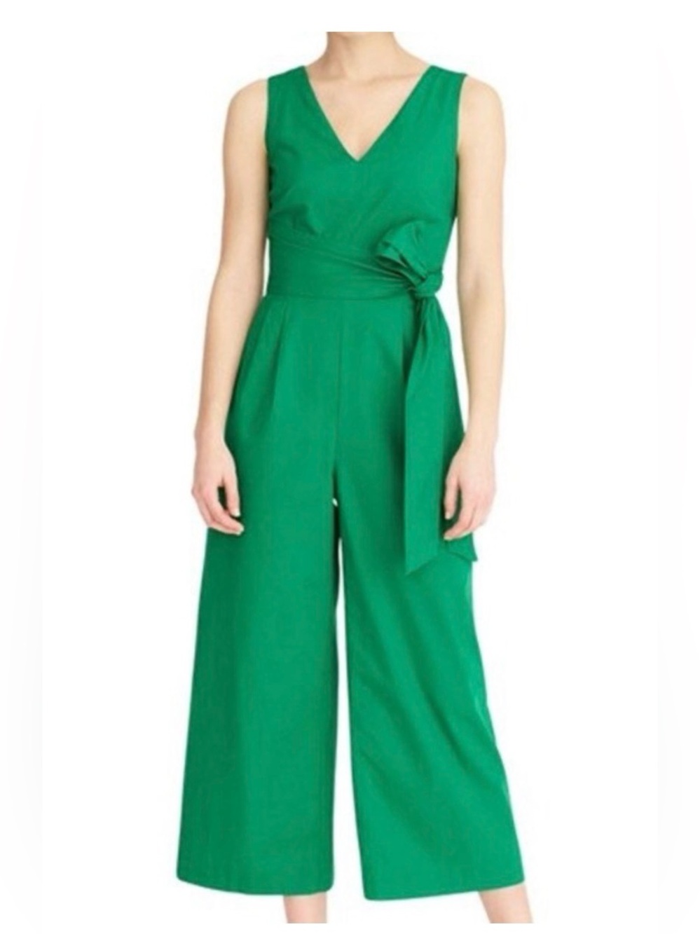 Black V-Neck Wide-Leg Jumpsuit with Waist Tie